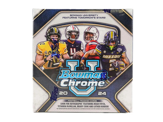 Bowman Chrome University Football Monster Box with orange, fuchsia, and red refractor cards