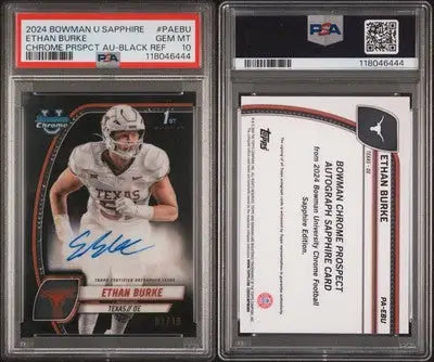A graded Ethan Burke autographed Bowman University Chrome Football card in Bowman University Sapphire