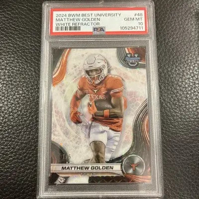 Graded Matthew Golden White Refractor football card from 2024 Bowman’s Best Texas Longhorns