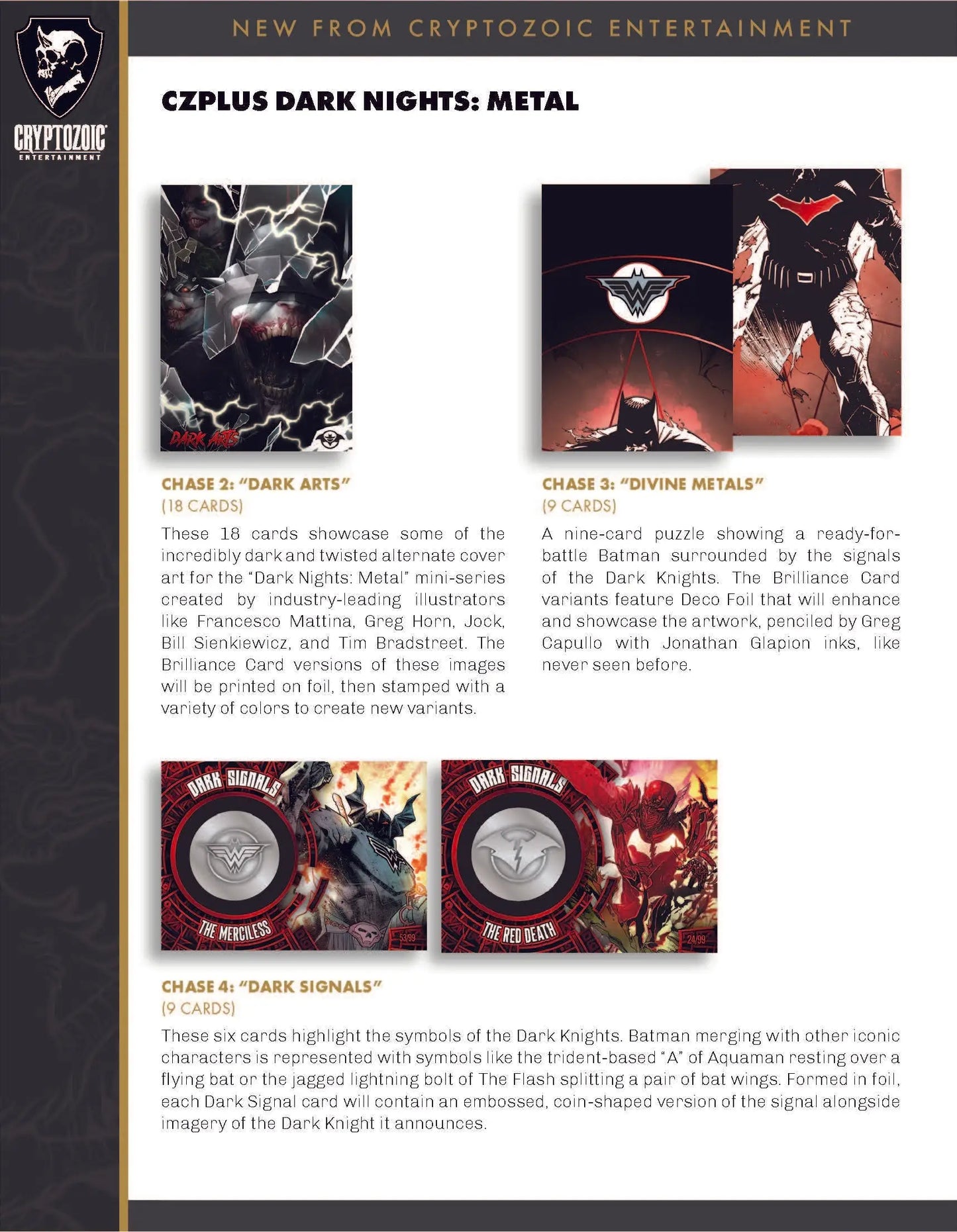 Product catalog page featuring 2024 Cryptozoic CZPlus Dark Nights Metal Trading Cards pre-order