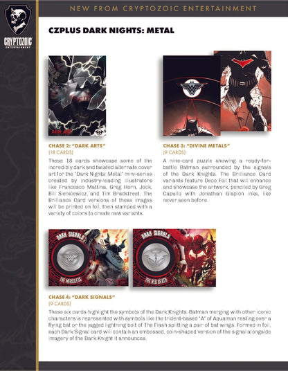 Product catalog page featuring 2024 Cryptozoic CZPlus Dark Nights Metal Trading Cards pre-order