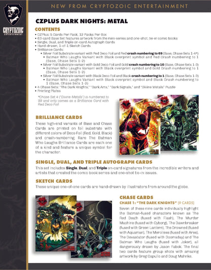 Product catalog for 2024 Cryptozoic CZPlus Dark Nights Metal Trading Cards pre-order