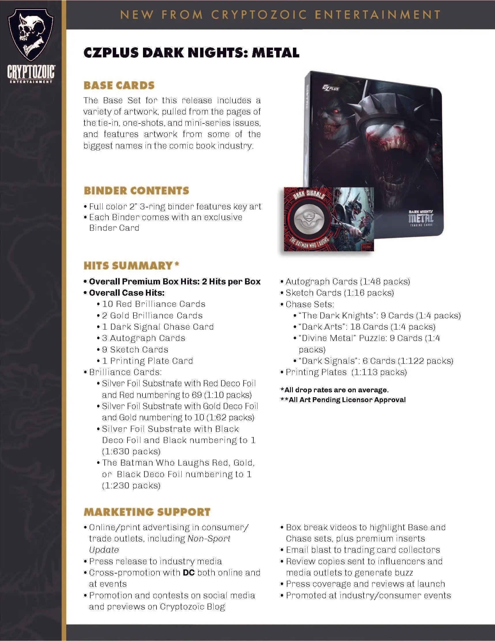 Marketing sheet for CZPlus Dark Nights Metal game content for pre-order trading cards