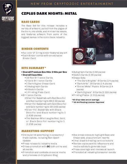 Marketing sheet for CZPlus Dark Nights Metal game content for pre-order trading cards