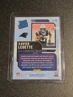Xavier Legette rated rookies football card from 2024 Donruss series featuring Legette rated