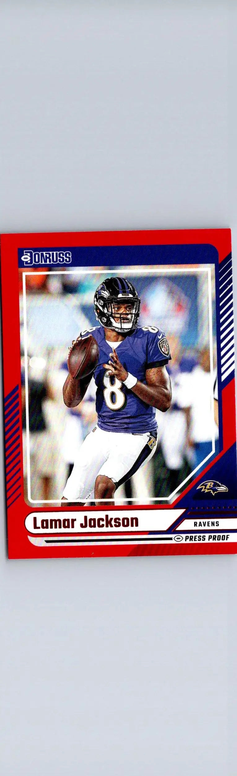 Red and blue Lamar Jackson football trading card from 2024 Donruss Press Proof series