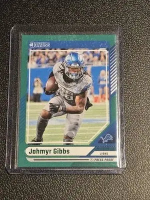 Jahmyr Gibbs football card 2024 Donruss Press Proof Green featuring Jahmyr Gibbs press proof