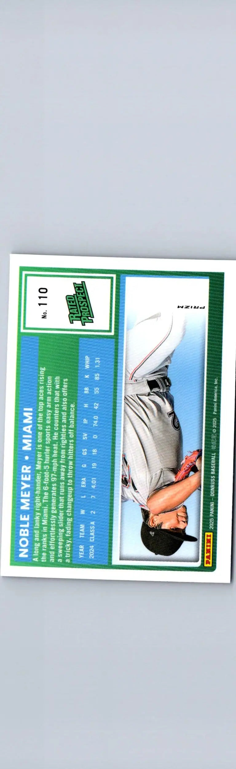 Back of a 2024 Donruss Noble Meyer Optic Blue Velocity Prizm trading card with stats