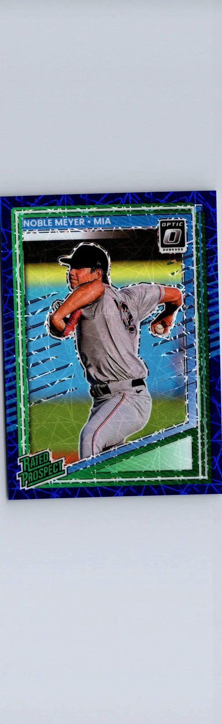 Blue and green baseball trading card of Noble Meyer from 2024 Donruss Meyer Optic Blue