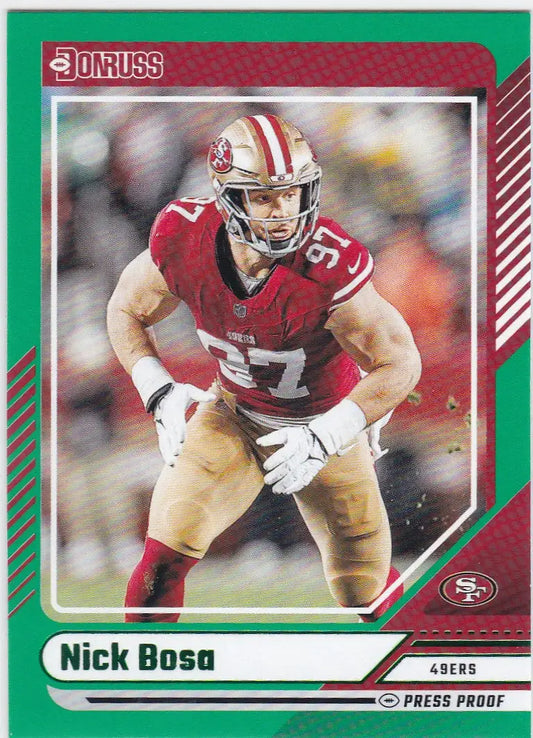 Green-bordered 2024 Donruss Nick Bosa Press Proof San Francisco 49ers trading card