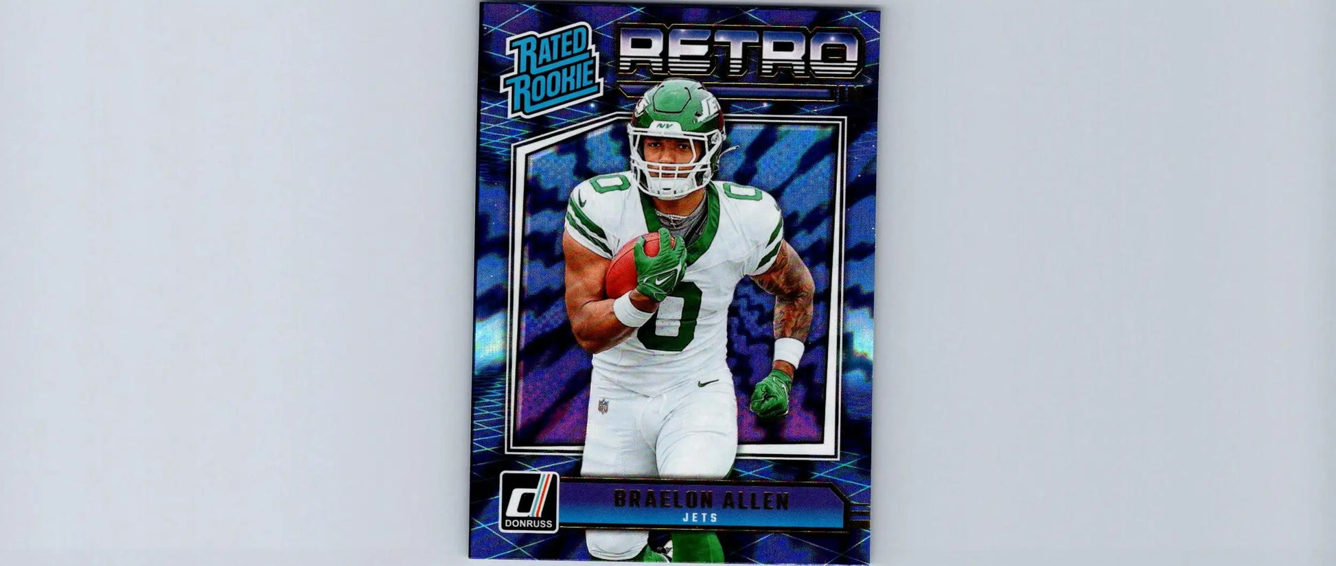 Football trading card featuring Braelon Allen in white and green uniform from 2024 Donruss Rated Rookies