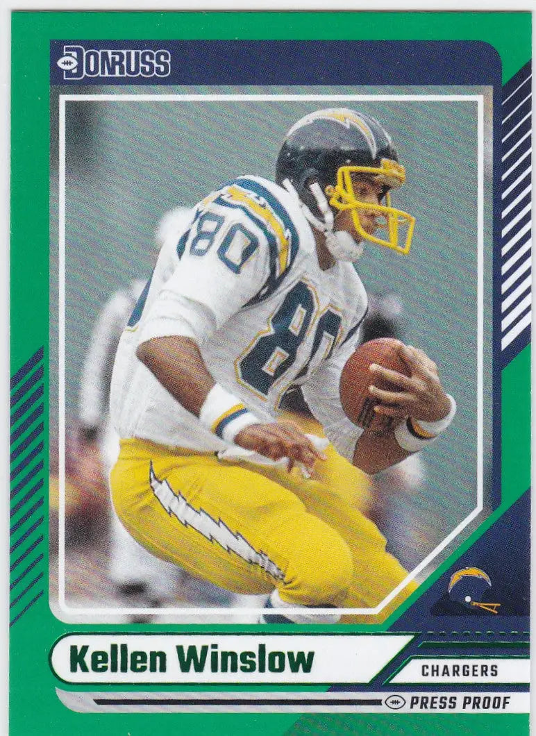 Kellen Winslow Green Press Proof football trading card from 2024 Donruss series