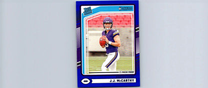 Football trading card featuring J.J. McCarthy in Vikings uniform, 2024 Donruss press proof blue