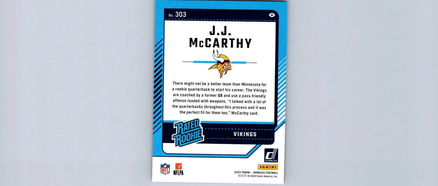 Back of a J.J. McCarthy Donruss rookie card showing mccarthy press proof blue detail