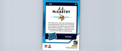 Back of a J.J. McCarthy Donruss rookie card showing mccarthy press proof blue detail