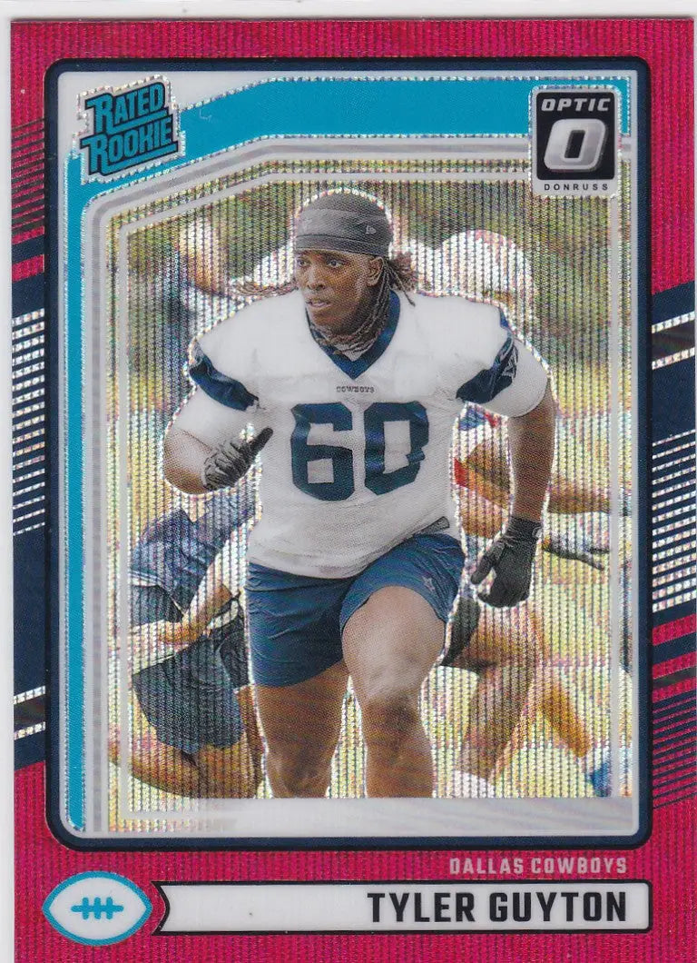Red prism rated Tyler Guyton football trading card for Dallas Cowboys 2024 Donruss