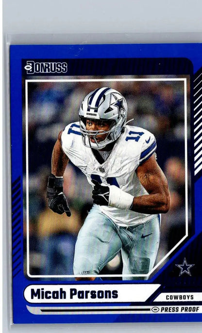 2022 Donruss Press Proof Micah Parsons football trading card in Dallas Cowboys uniform