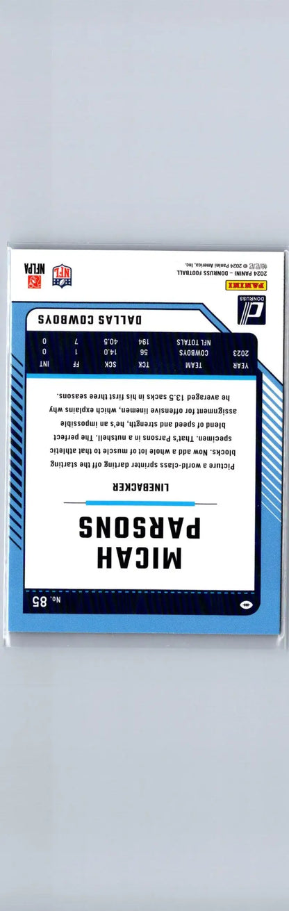 Vertical football trading card of Micah Parsons Dallas Cowboys 2024 Donruss Parsons Press Proof Blue