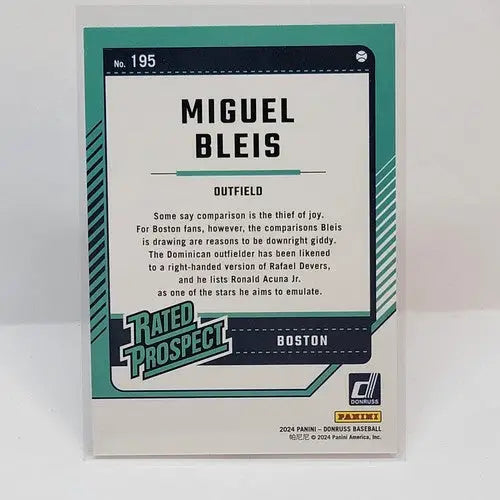 Miguel Bleis Orange Laser Parallel baseball card from 2024 Donruss featuring Miguel Bleis