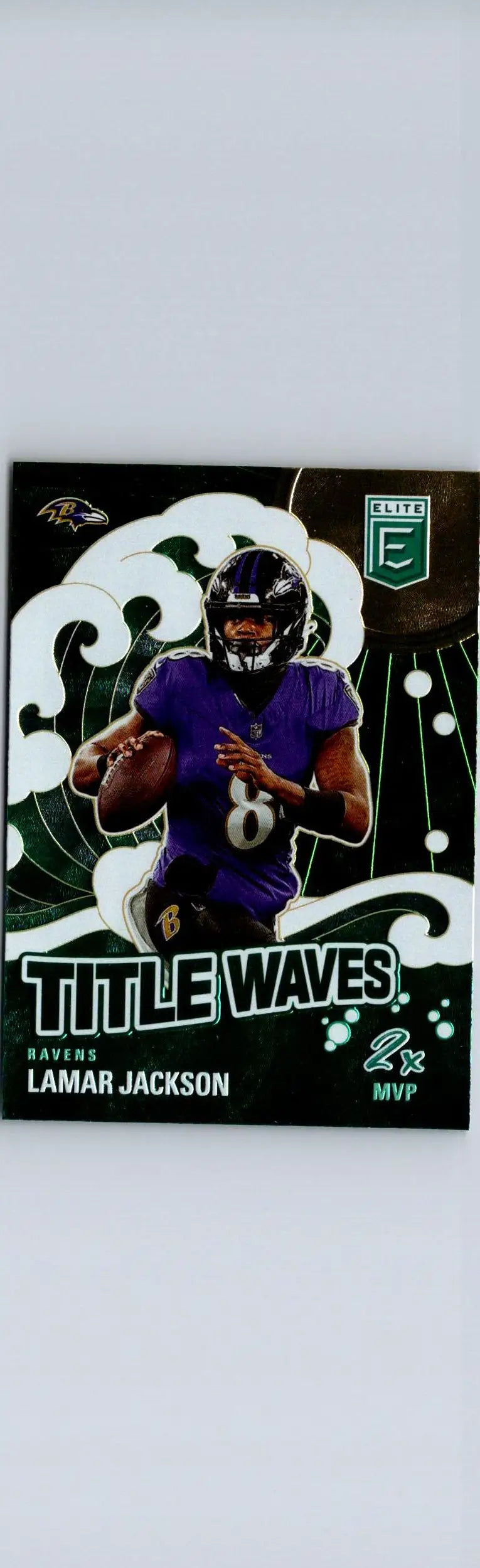 Lamar Jackson Title Waves Green football trading card from 2024 Donruss Elite series