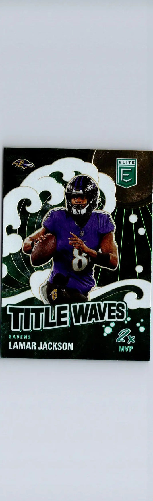 Lamar Jackson Title Waves Green football trading card from 2024 Donruss Elite series