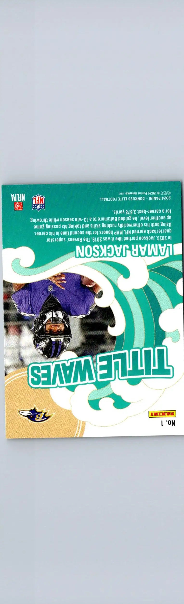 Lamar Jackson football trading card with Title Waves Green design from Donruss Elite 2024