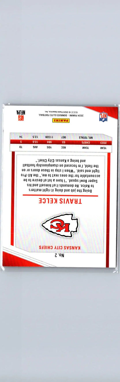 2024 Donruss Elite Travis Kelce Aspirations Shimmer trading card with stats and Chiefs logo