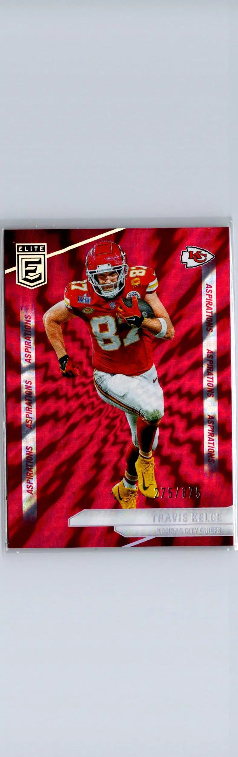 Red Travis Kelce Aspirations Shimmer trading card featuring Kansas City Chiefs player in red jersey