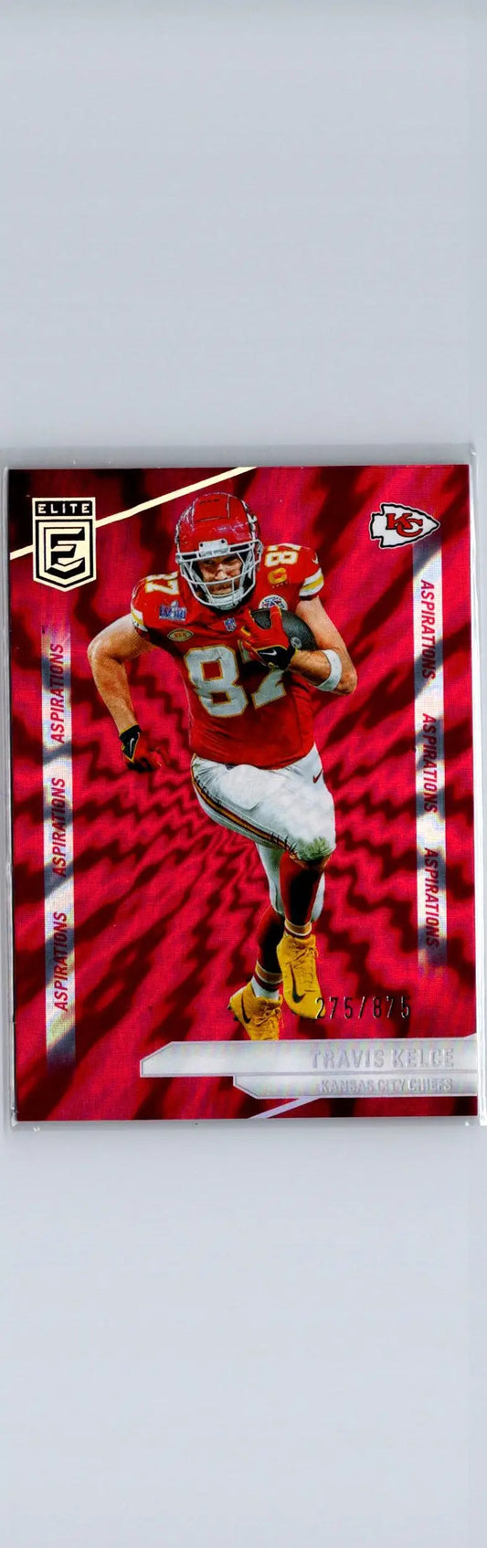 Red Travis Kelce Aspirations Shimmer trading card featuring Kansas City Chiefs player in red jersey