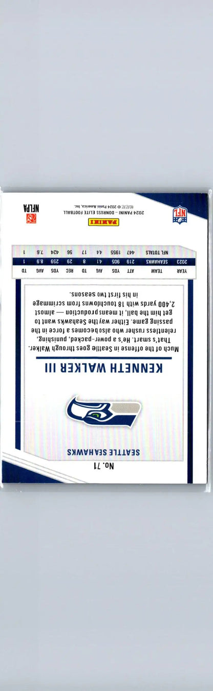 Back of 2024 Donruss Elite Kenneth Walker III trading card with stats and bio