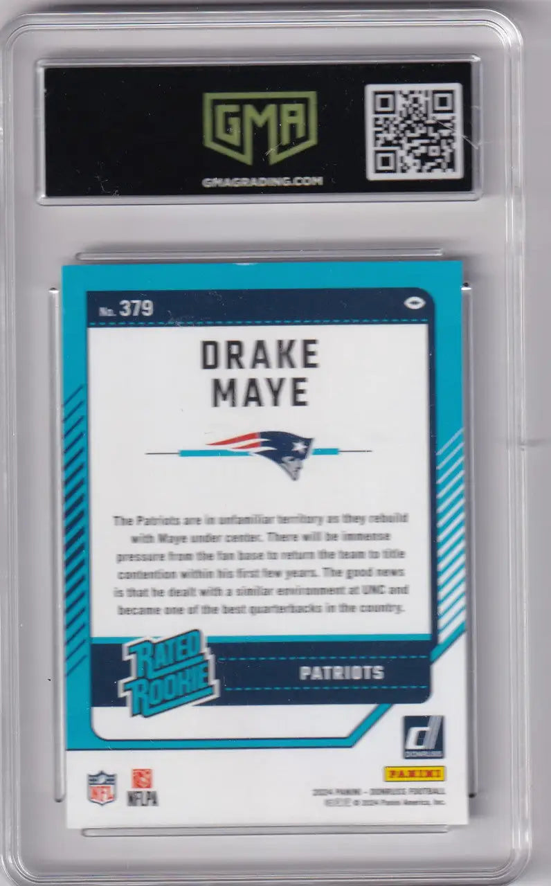 Graded football trading card of Drake Maye from 2024 Donruss GMA series featuring England Patriots