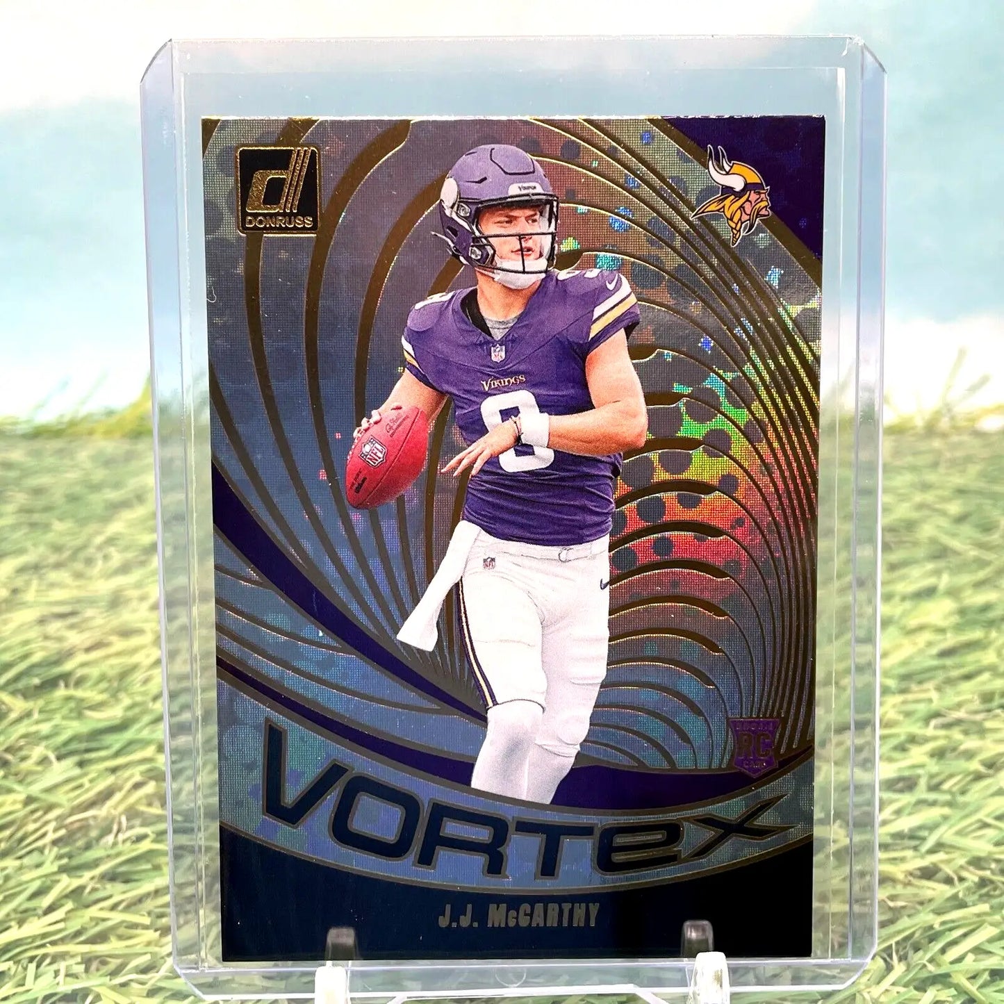 2024 Donruss JJ McCarthy Vortex Rookie card featuring McCarthy in Minnesota Vikings gear