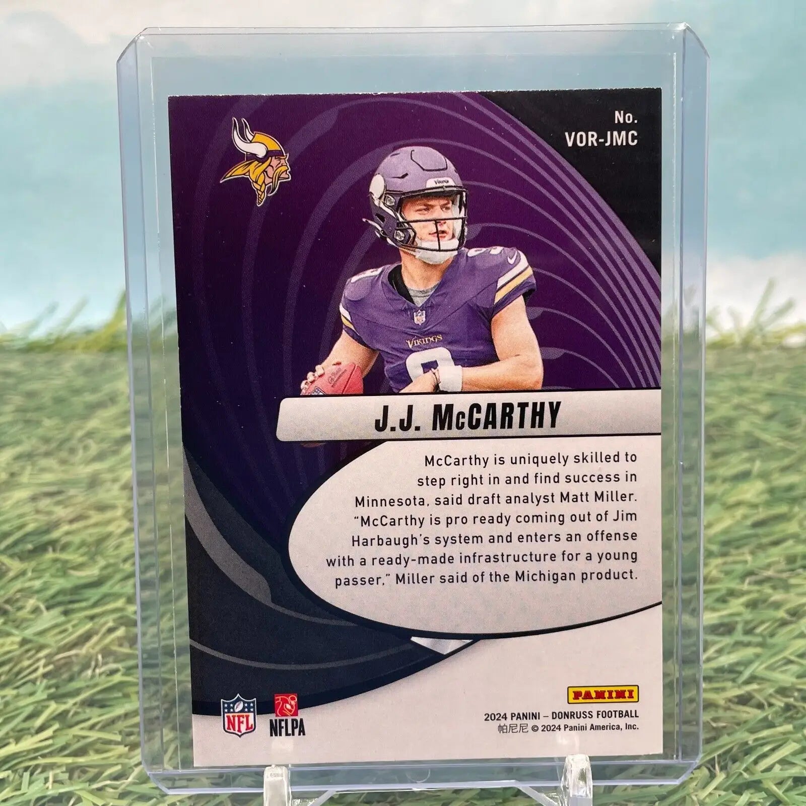 2024 Donruss JJ McCarthy Vortex Rookie card featuring McCarthy in Minnesota Vikings gear