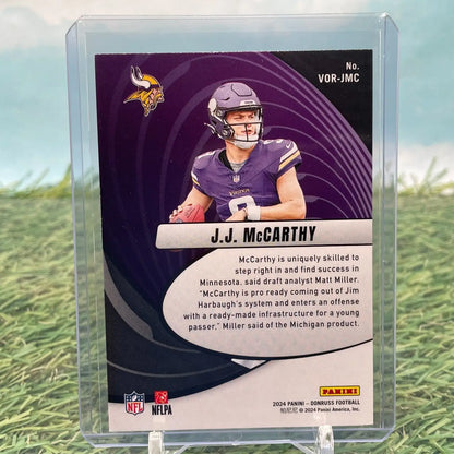 2024 Donruss JJ McCarthy Vortex Rookie card featuring McCarthy in Minnesota Vikings gear
