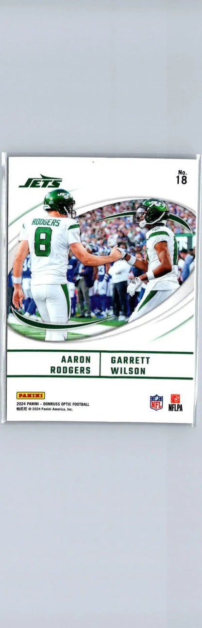 Aaron Rodgers and Garrett Wilson football card from 2024 Donruss Optic Best Tuddys