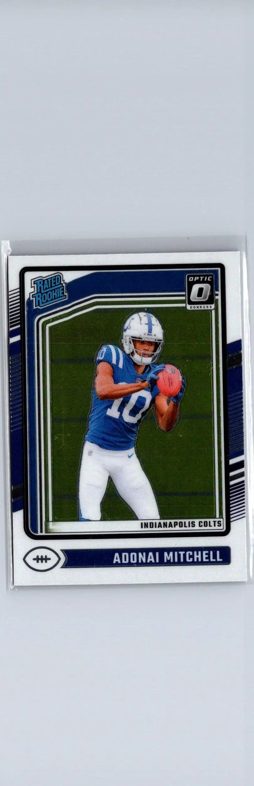 Adonai Mitchell football card from 2024 Donruss Optic series displayed