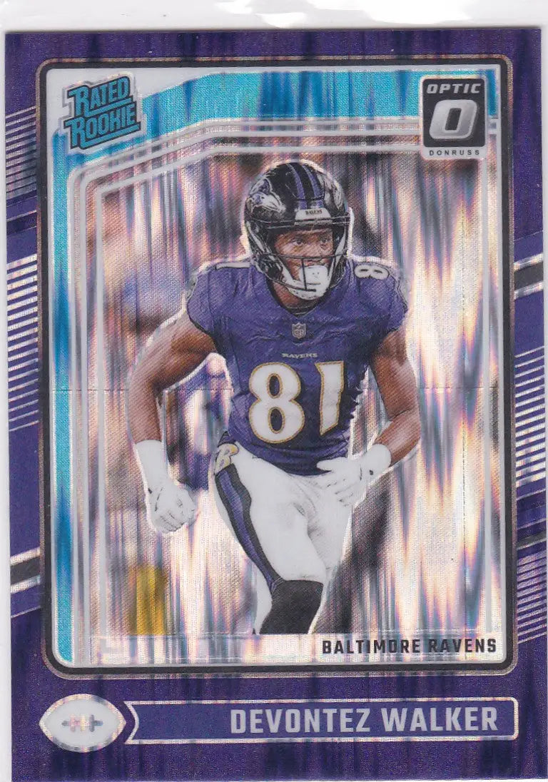 Devontez Walker Purple Shimmer Rated Rookie football card from 2024 Donruss Optic collection