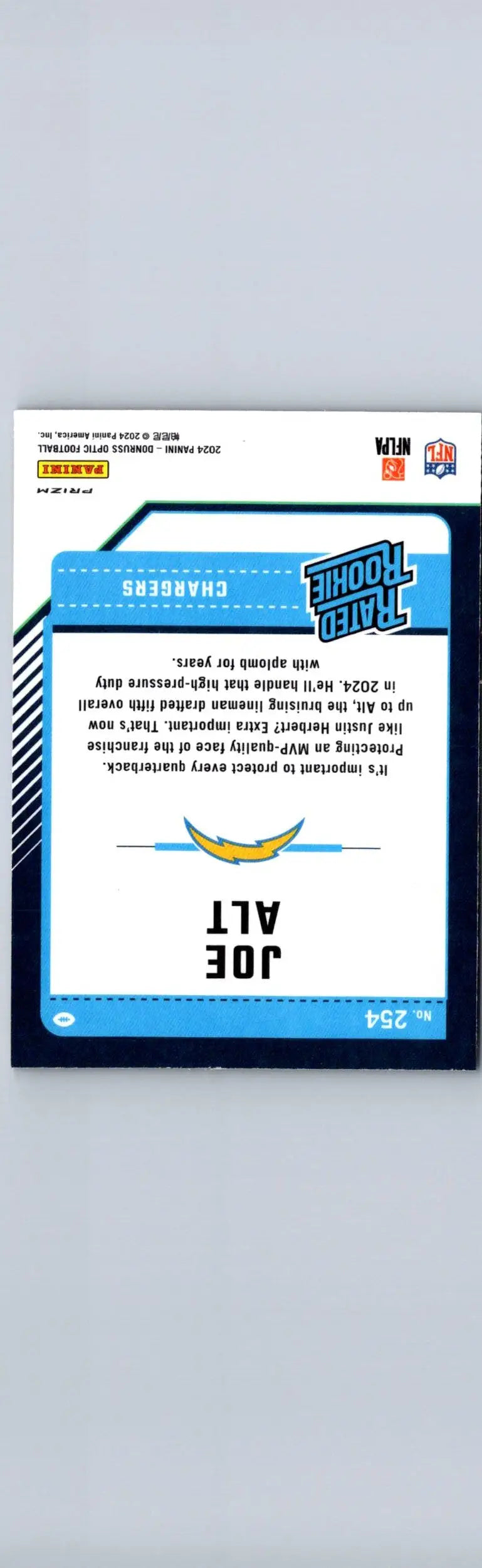 Joe Alt Purple Shock NFL trading card from 2024 Donruss Optic featuring Chargers rookie