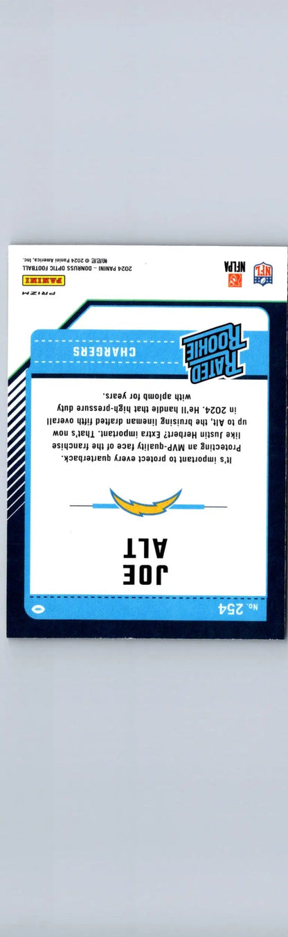 Joe Alt Purple Shock NFL trading card from 2024 Donruss Optic featuring Chargers rookie