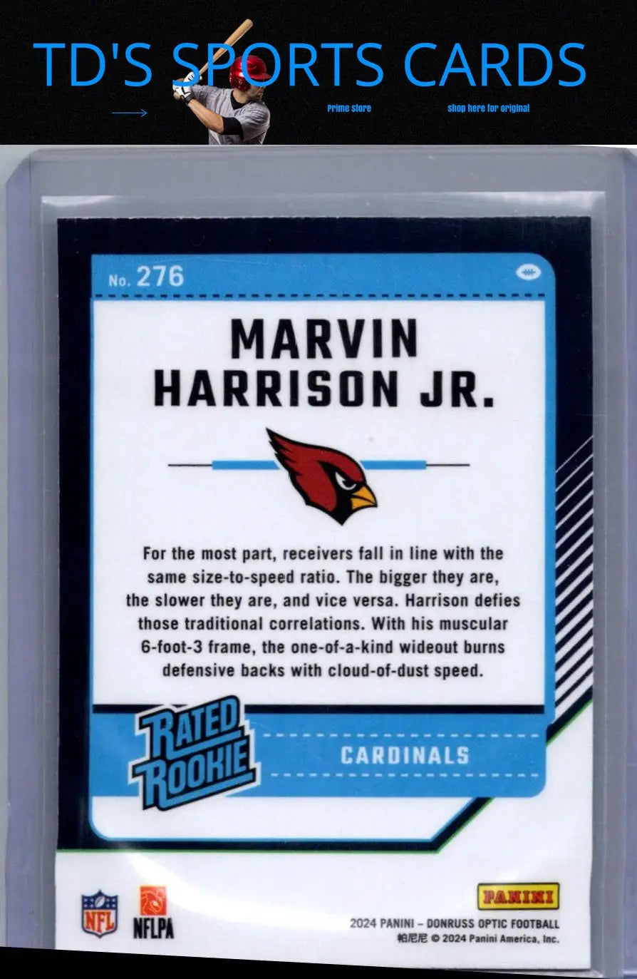 Marvin Harrison Jr football card from 2024 Donruss Optic series displaying collectible card