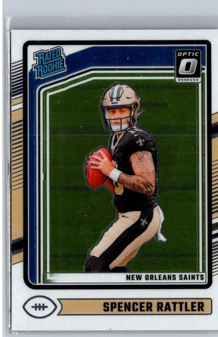 Spencer Rattler football trading card from Donruss Optic 2024 series in Saints uniform