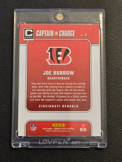 Joe Burrow Captain football trading card in protective case from 2024 Donruss Optic