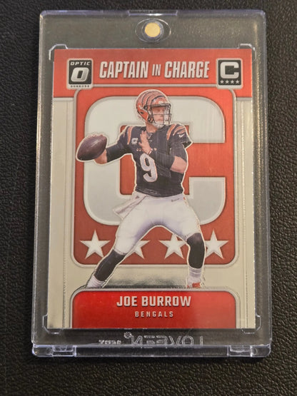 Joe Burrow Captain football trading card in protective case from 2024 Donruss Optic