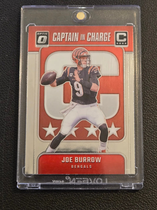 Joe Burrow Captain football trading card in protective case from 2024 Donruss Optic