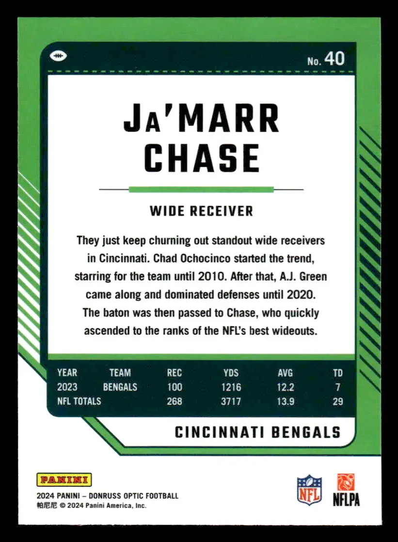 2024 Donruss Optic Ja’Marr Chase Cincinnati Bengals football card front view