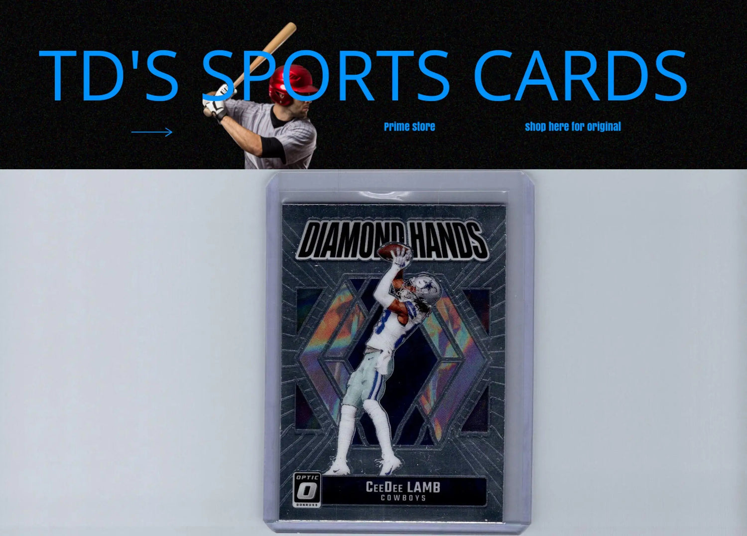 Sports trading card of CeeDee Lamb Diamond Hands in protective case for 2024 Donruss Optic