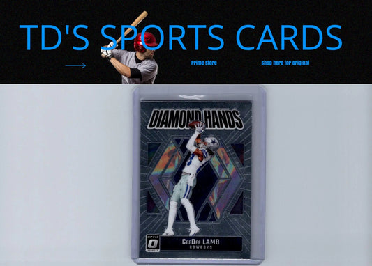 Sports trading card of CeeDee Lamb Diamond Hands in protective case for 2024 Donruss Optic