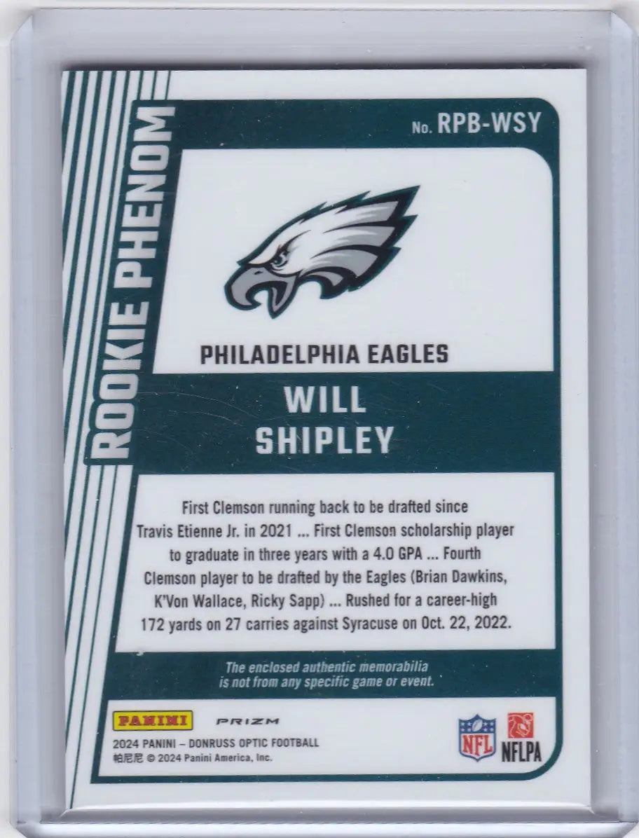 Football trading card featuring Will Shipley with donruss optic blue hyper patch for Eagles