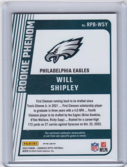 Football trading card featuring Will Shipley with donruss optic blue hyper patch for Eagles
