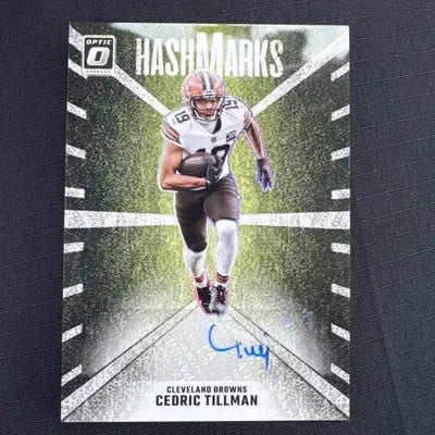 Football trading card featuring Cedric Tillman in action from Donruss Optic Hash Marks series
